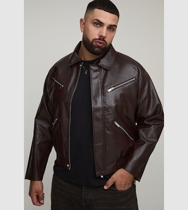 Plus & Tall Boxy Fit Zip Detail PU Collared Bomber Jacket