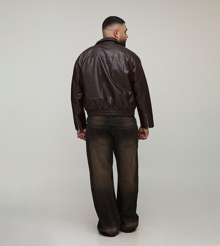 Plus & Tall Boxy Fit Zip Detail PU Collared Bomber Jacket