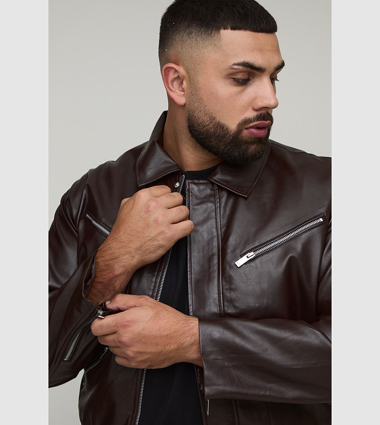 Plus & Tall Boxy Fit Zip Detail PU Collared Bomber Jacket