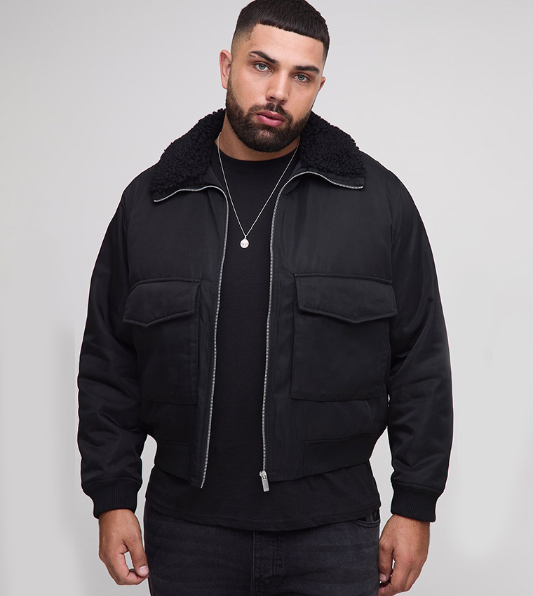 Plus & Tall Regular Fit Borg Collar Nylon Bomber Jacket