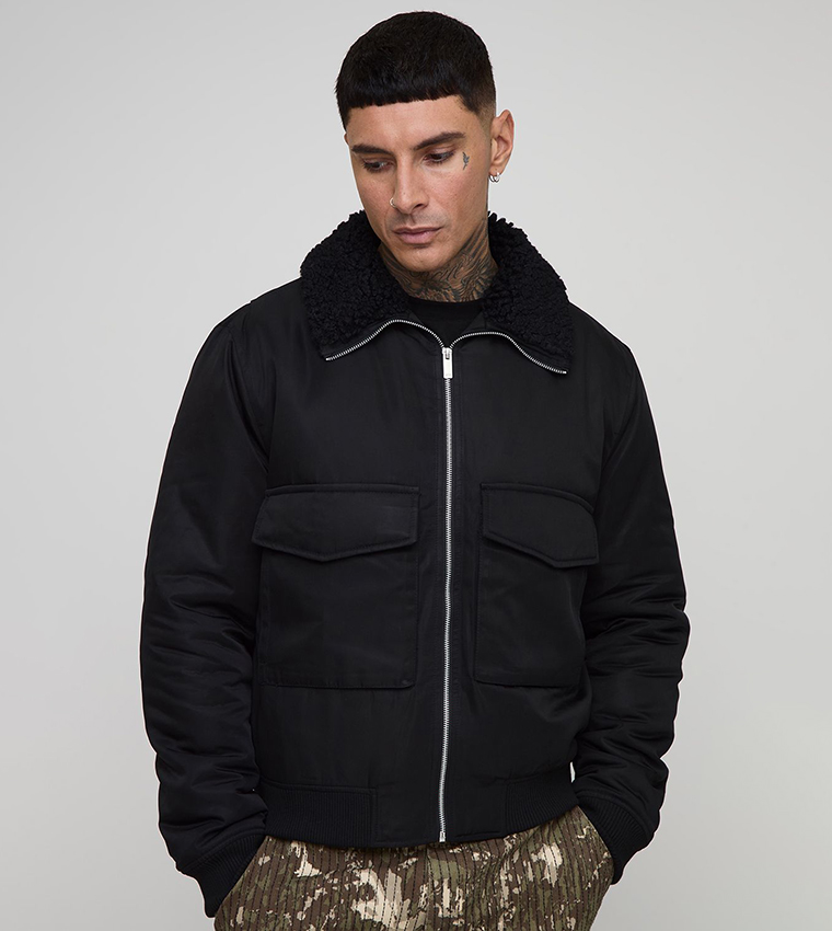 Tall Regular Fit Boucle Borg Collar Nylon Bomber Jacket