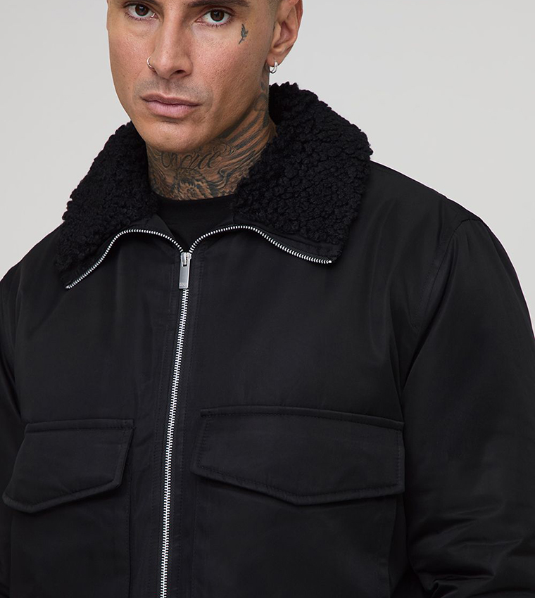 Tall Regular Fit Boucle Borg Collar Nylon Bomber Jacket