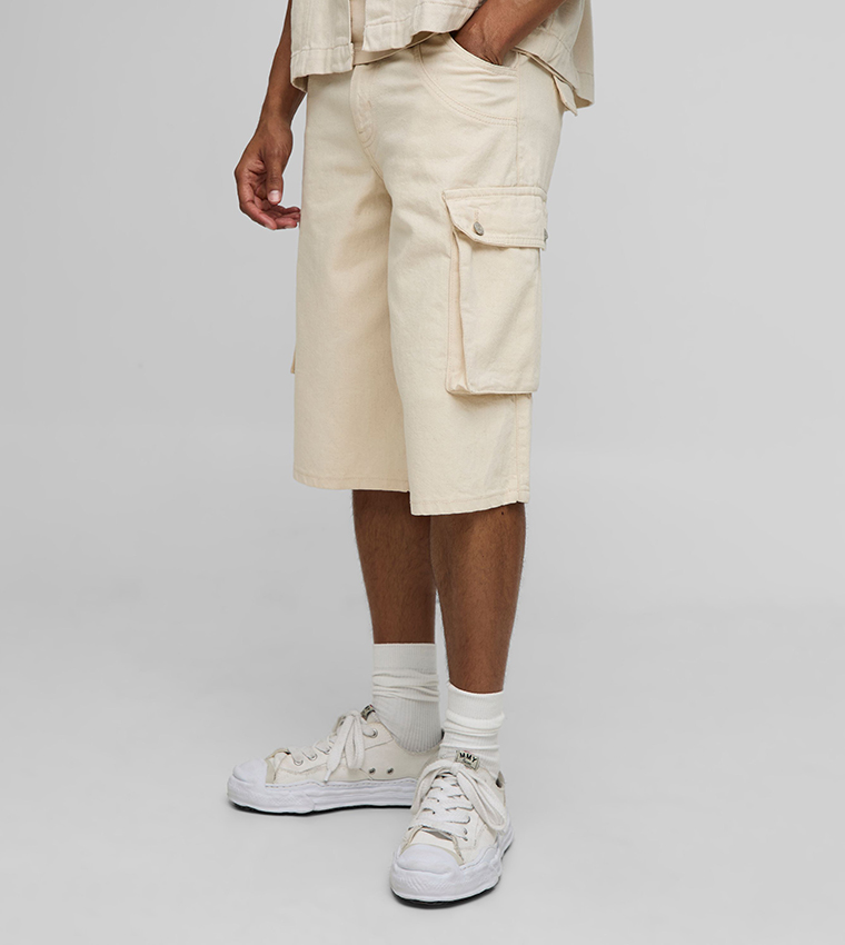 Buy BoohooMAN Longline Cargo Denim Shorts In Beige 6thStreet UAE