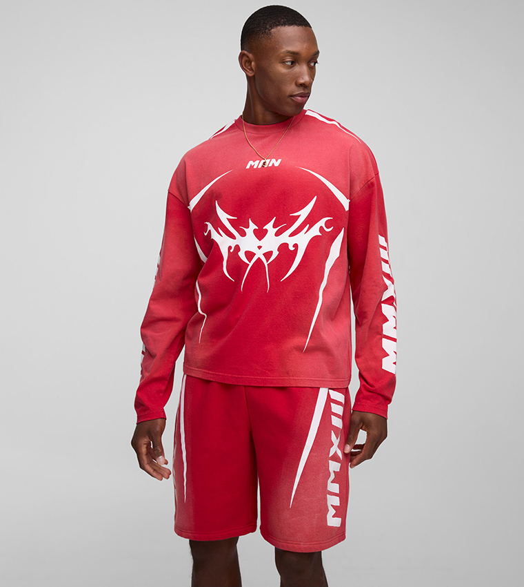 Boxy Heavyweight Long Sleeves Graphic Oversized T-Shirt & Shorts Set