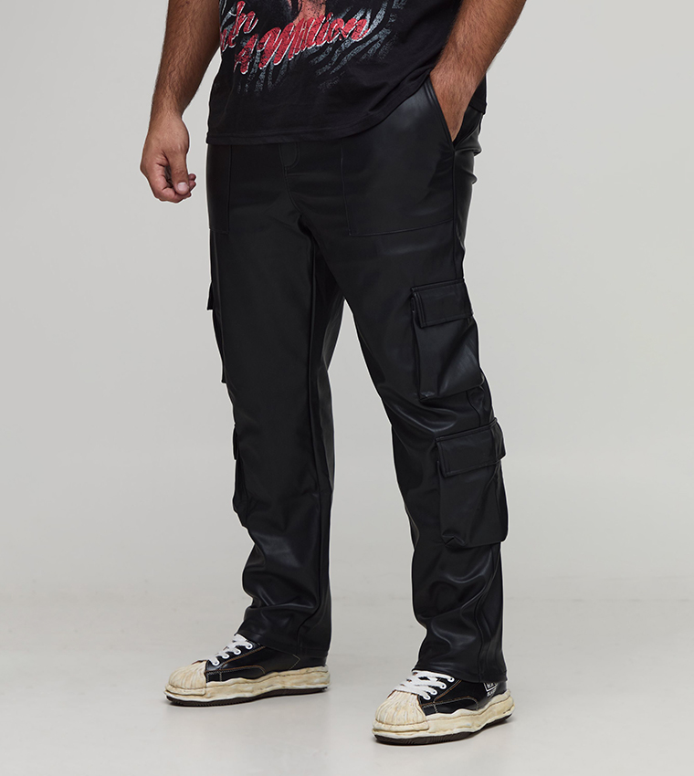 Plus & Tall Leather Look Multi Cargo Stacked Flared Trousers