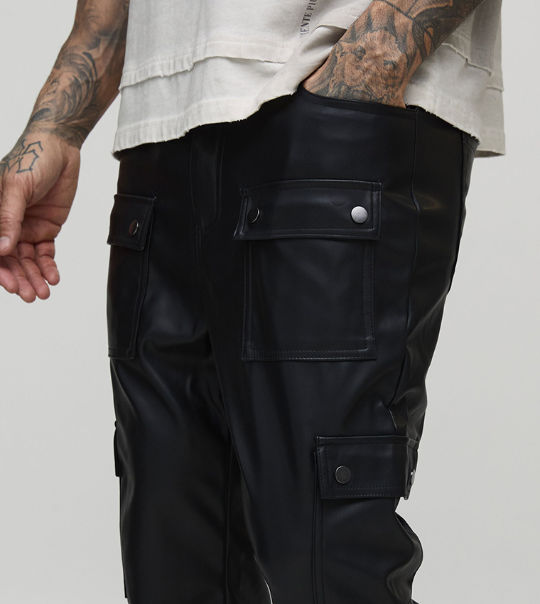 Tall Leather Look Flared Multi Cargo Trousers
