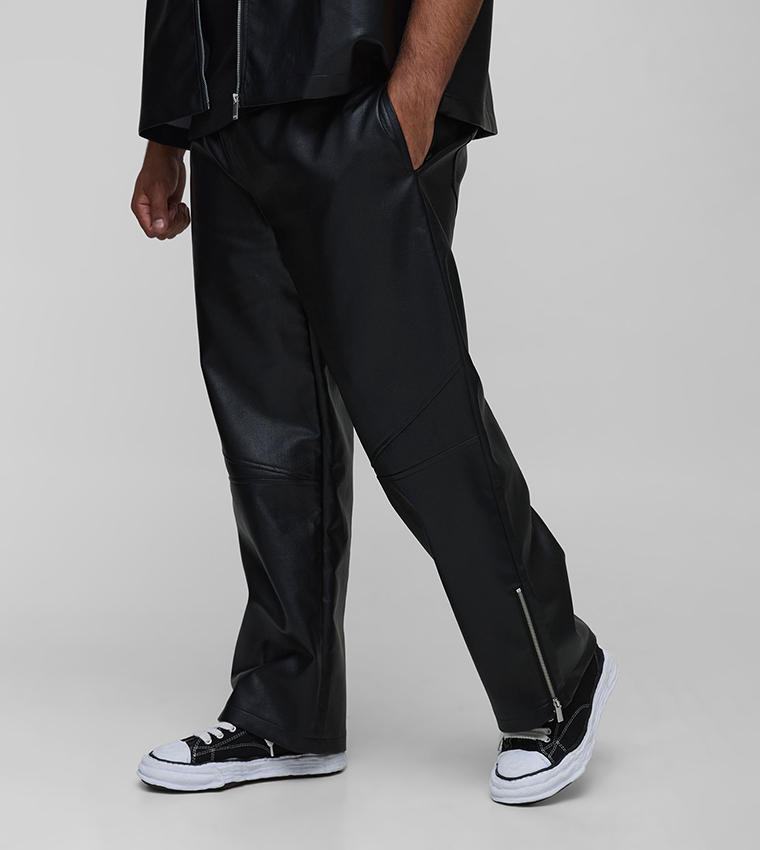 Buy BoohooMAN Plus Tall Leather Look Zip Hem Relaxed Fit