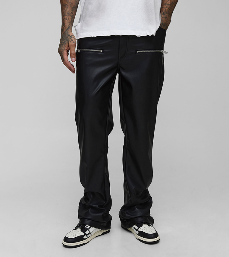 Buy BoohooMAN Tall Leather Look Slim Fit Zip Detail Trousers In