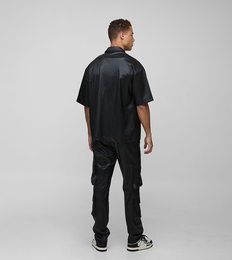 Tall Pleated PU Stacked Cargo Flared Trousers
