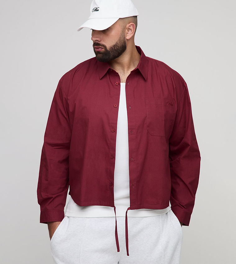 Embroidered Bungee Hem Poplin Long Sleeves Oversized Shirt