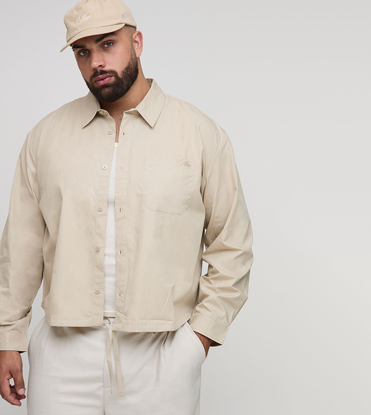 Embroidered Bungee Hem Poplin Long Sleeves Oversized Shirt