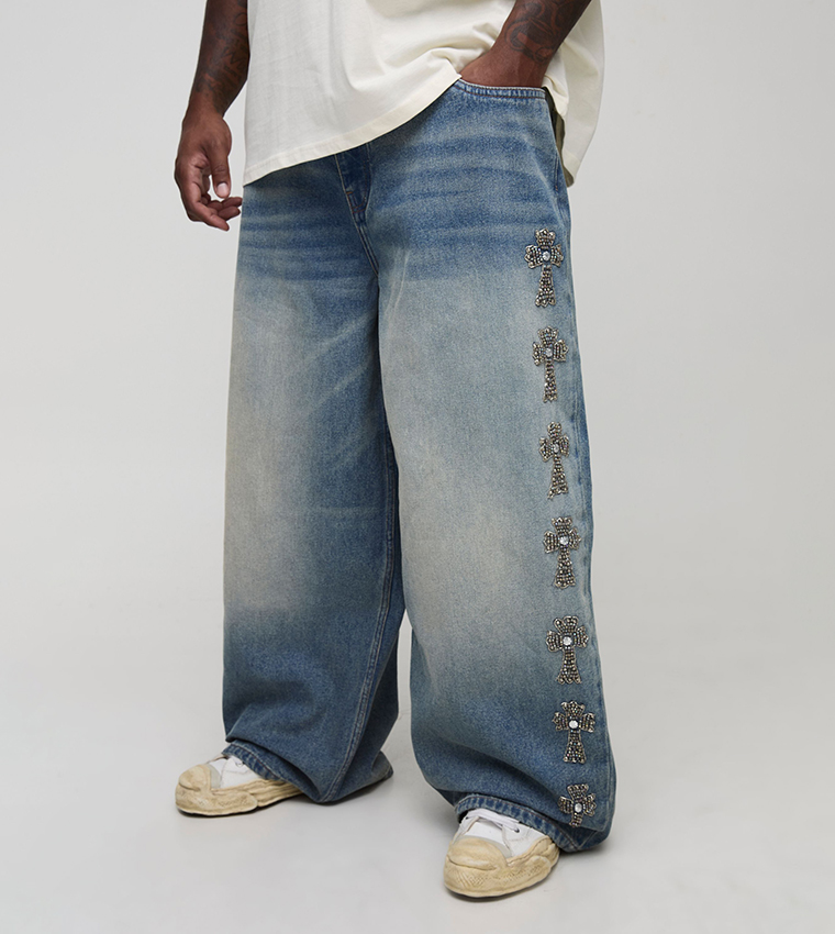 Plus & Tall Rigid Gothic Cross Embellished Baggy Jeans
