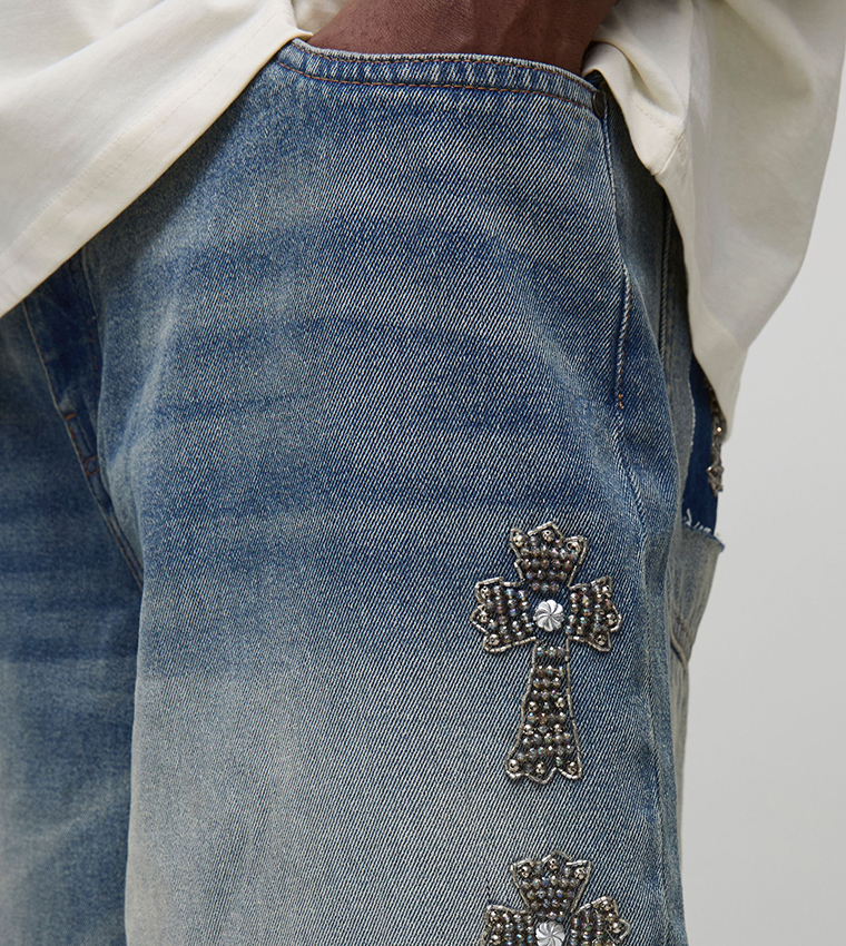Plus & Tall Rigid Gothic Cross Embellished Baggy Jeans
