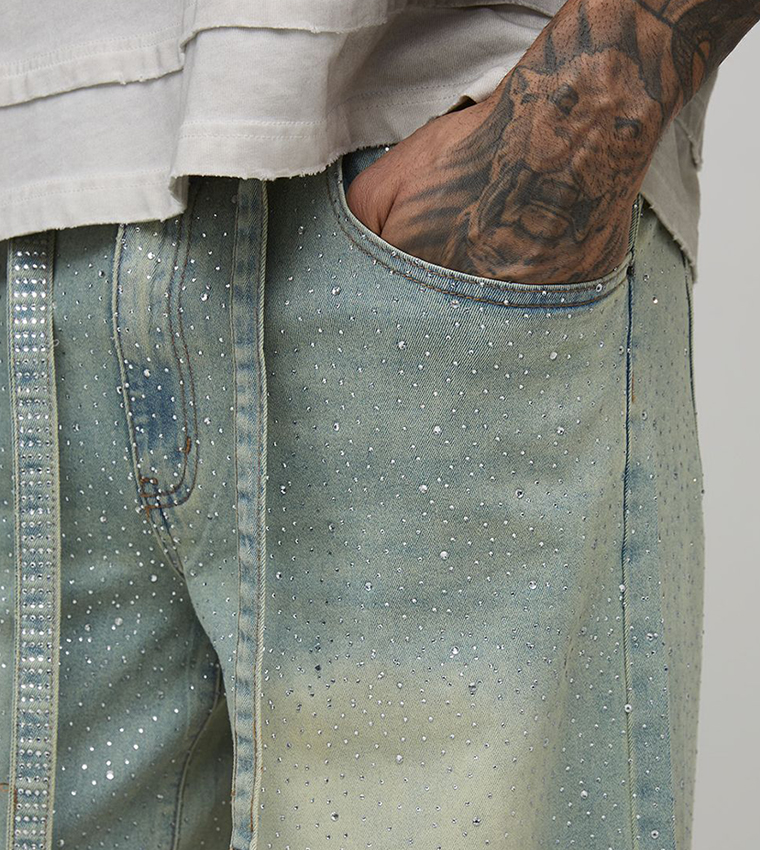 Plus & Tall Belted Rhinestone Baggy Fit Jeans