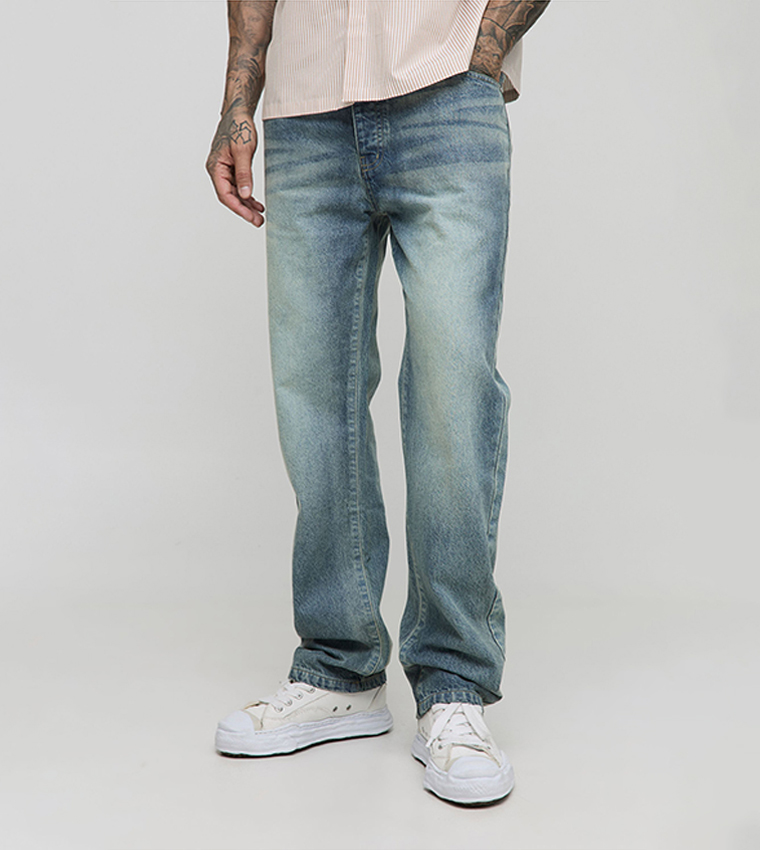 Tall Washed Woven Tab Straight Fit Jeans