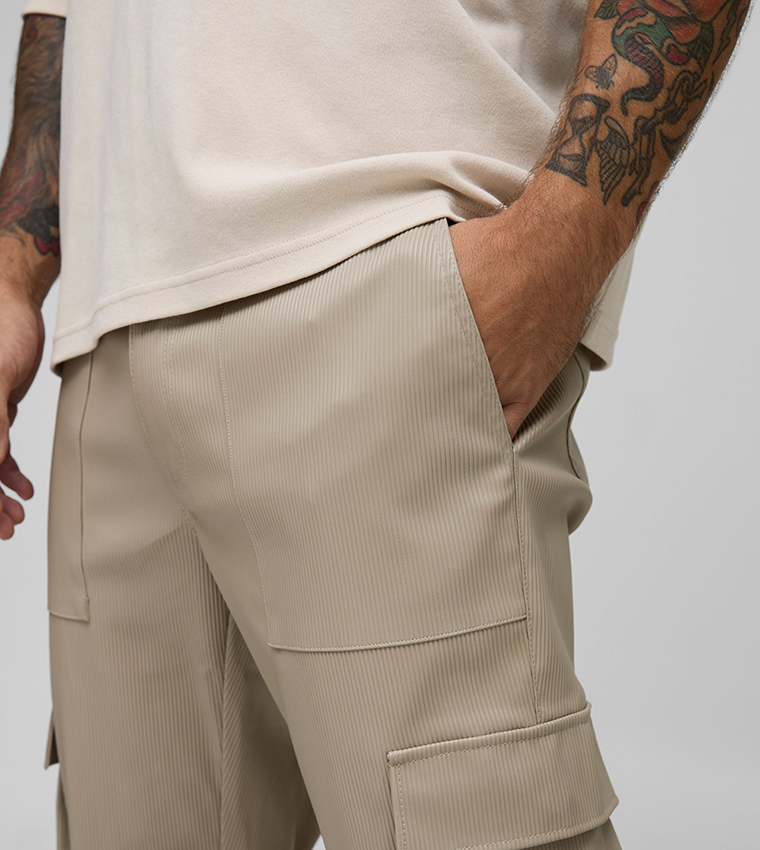 Fixed Waist Pleated PU Skinny Cargo Trousers