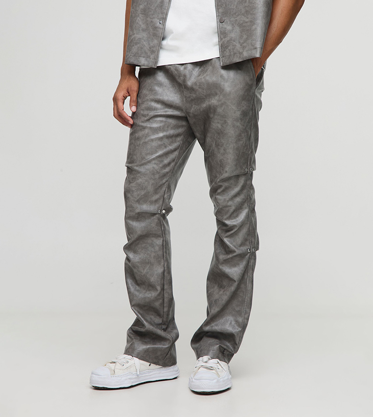 Buy BoohooMAN Elastic Waist Washed PU Relaxed Fit Trousers In Grey