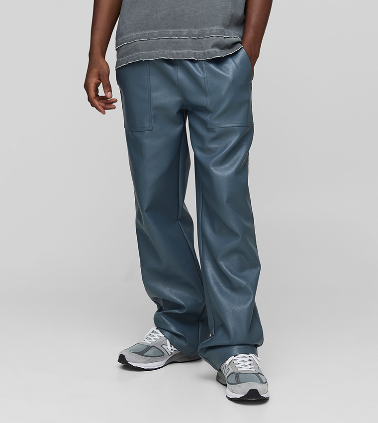 Elastic Waist PU Relaxed Fit Carpenter Trousers