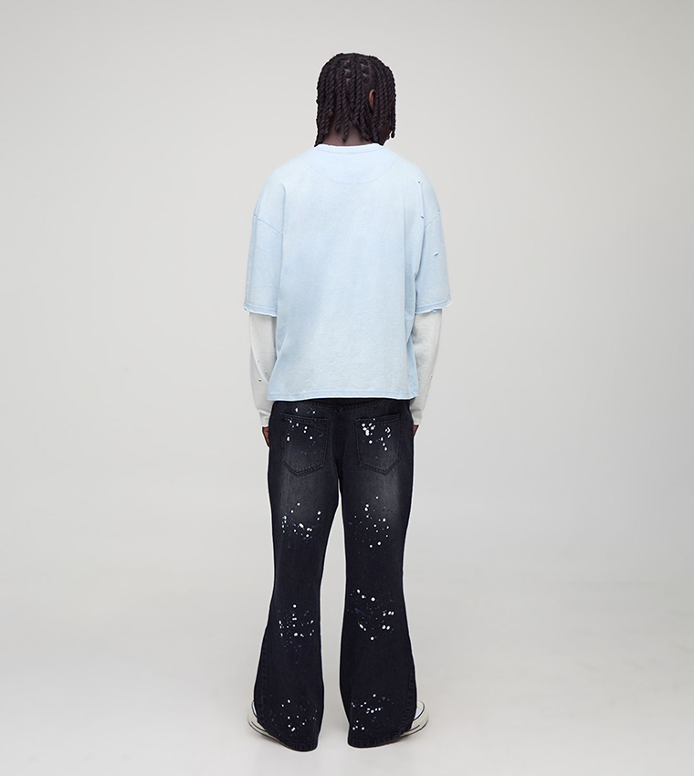 Washed Gusset Paint Splatter Flared Jeans