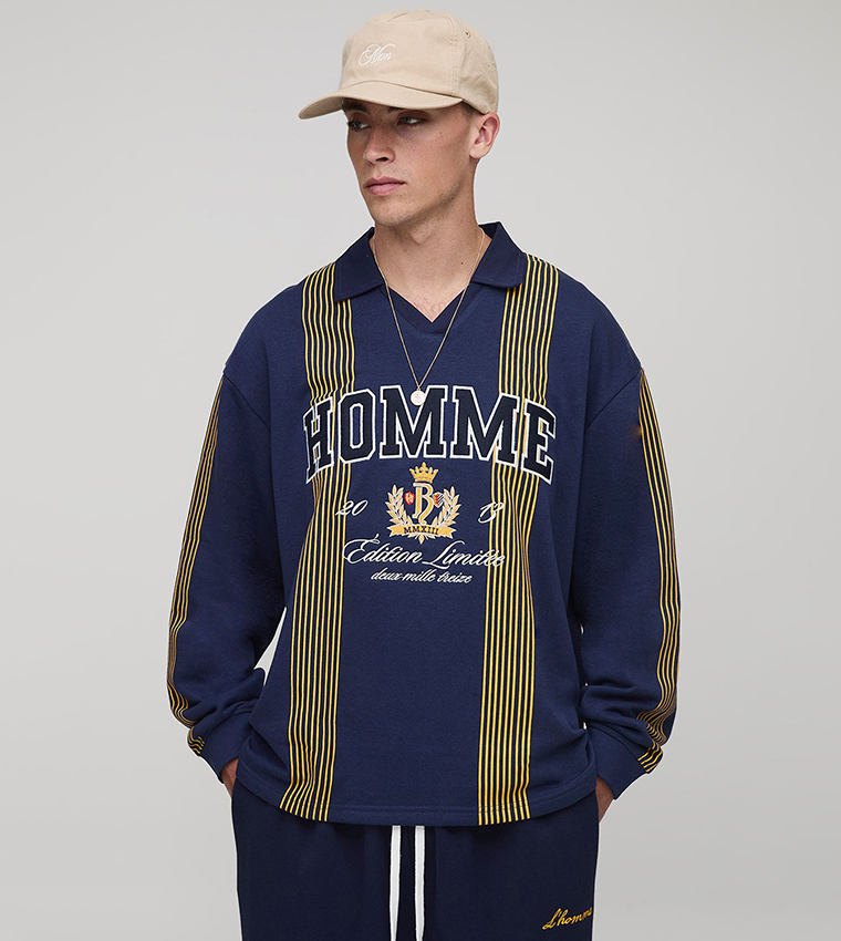 Homme Applique Striped Oversized Rugby Polo T-Shirt