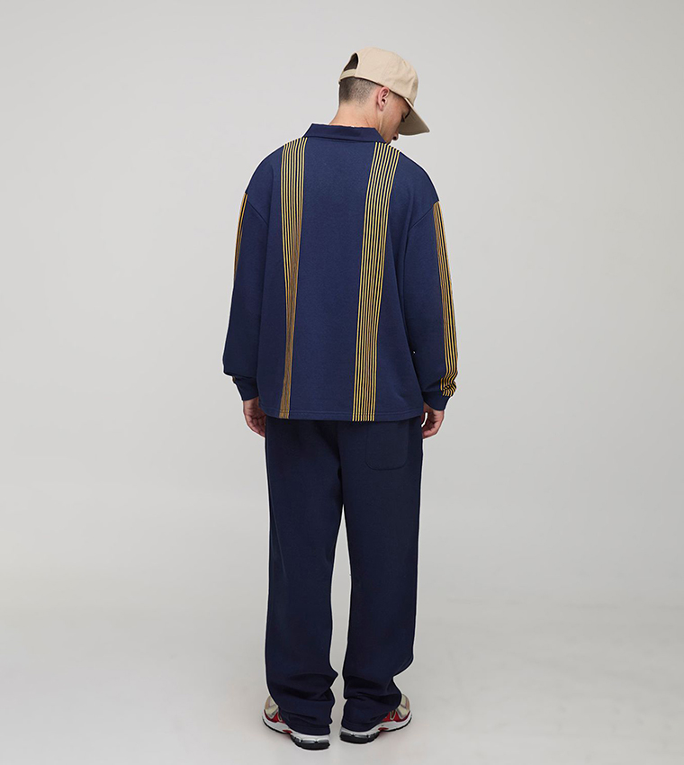 Homme Applique Striped Oversized Rugby Polo T-Shirt