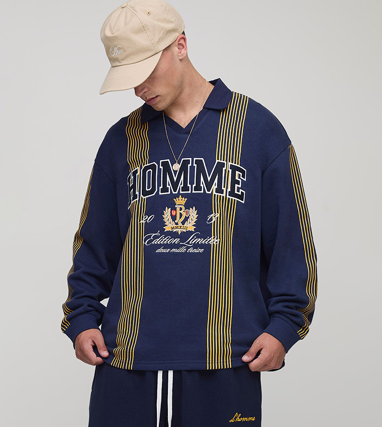 Homme Applique Striped Oversized Rugby Polo T-Shirt