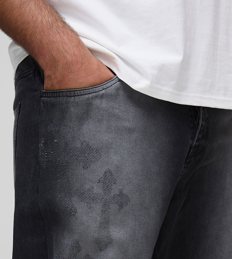 Stacked Washed Distressed Cross Slim Fit Jeans