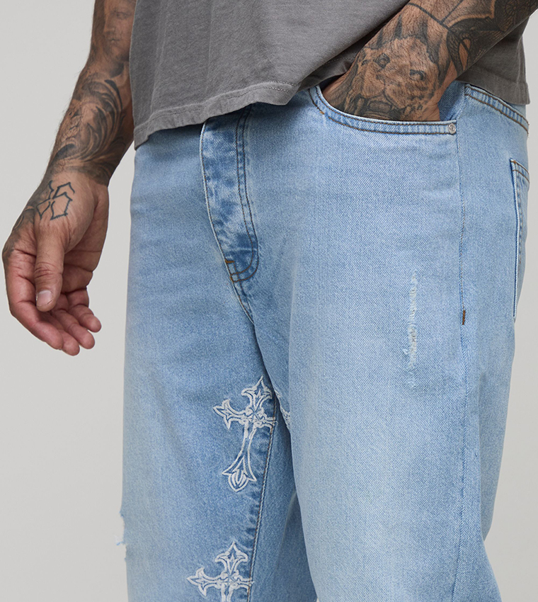 Tall Distressed Cross Gusset Embroidered Slim Fit Flared Jeans