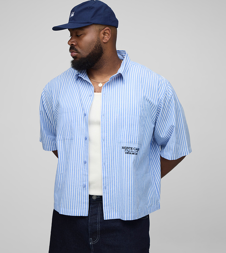 Plus & Tall Oversized Monte Carlo Embroidered Striped Shirt