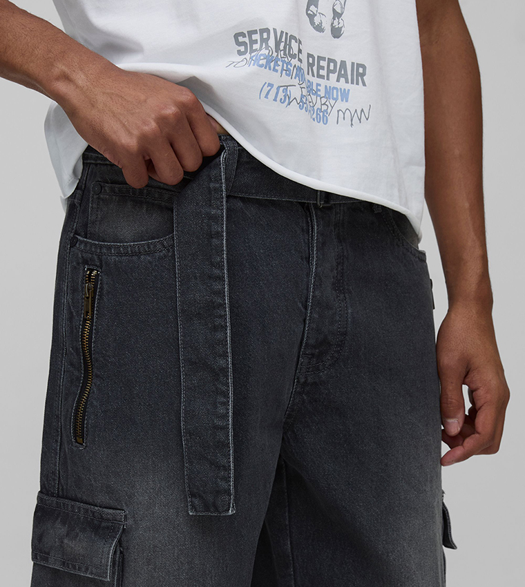 Stacked Washed Multi Cargo Relaxed Fit Jeans