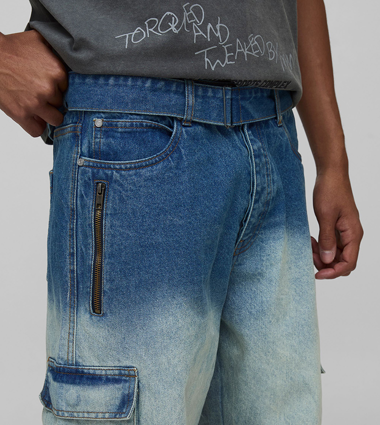 Stacked Washed Multi Cargo Relaxed Fit Jeans
