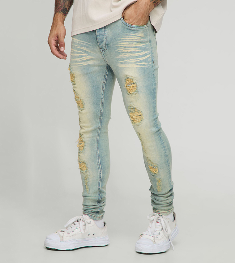 Buy BoohooMAN Stretch Washed Biker Rip Repair Super Skinny Fit