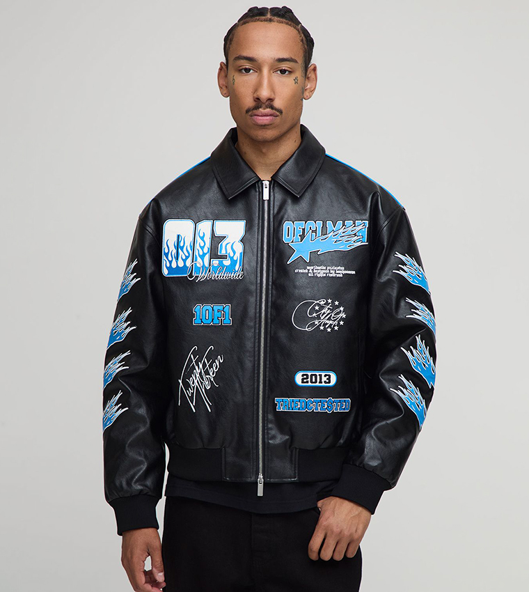 Moto Applique PU Boxy Fit Varsity Jacket