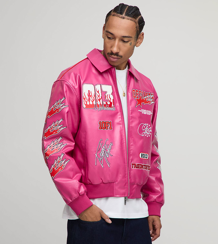 Moto Applique PU Boxy Fit Varsity Jacket