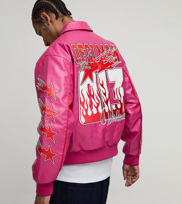 Moto Applique PU Boxy Fit Varsity Jacket