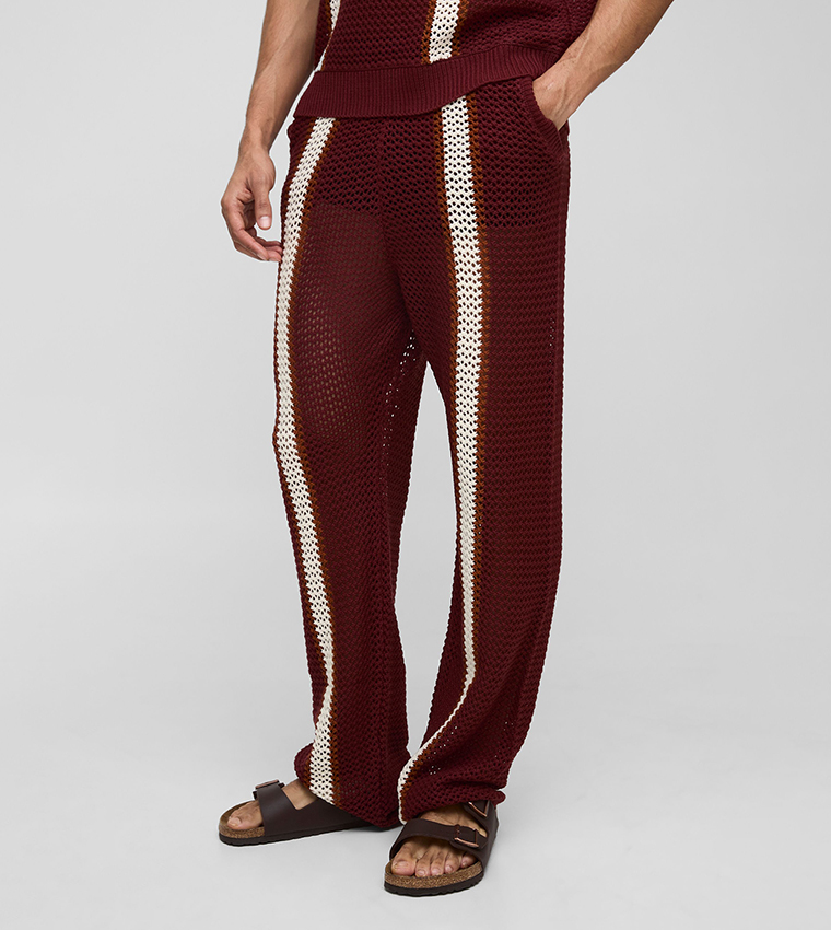 Buy BoohooMAN Relaxed Fit Open Stitch Striped Knitted Trousers In