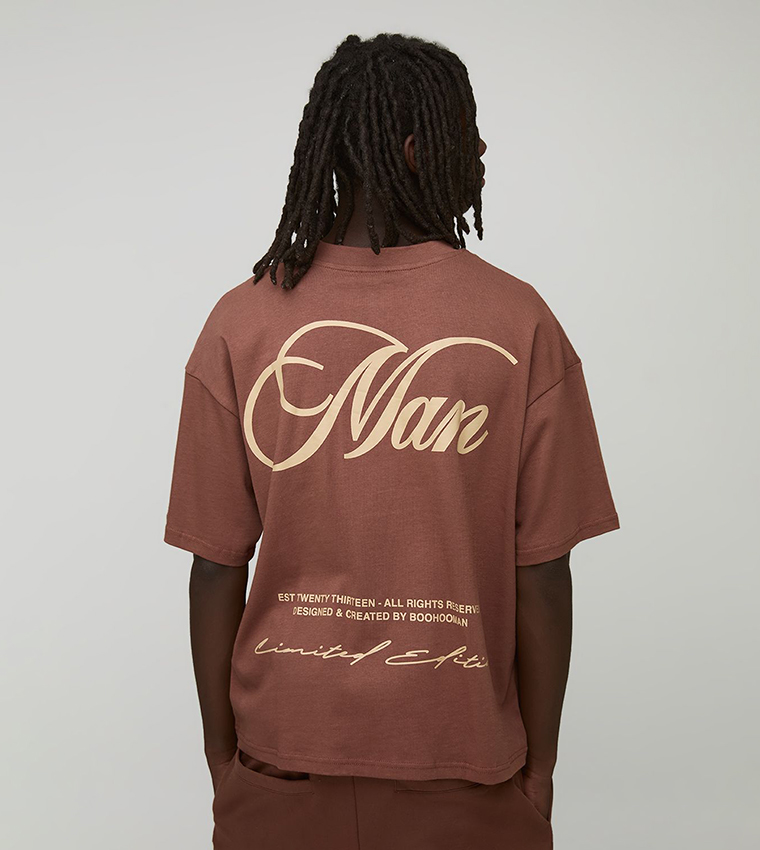 Buy BoohooMAN Script Embroidered Oversized T Shirt In Brown - Main Image