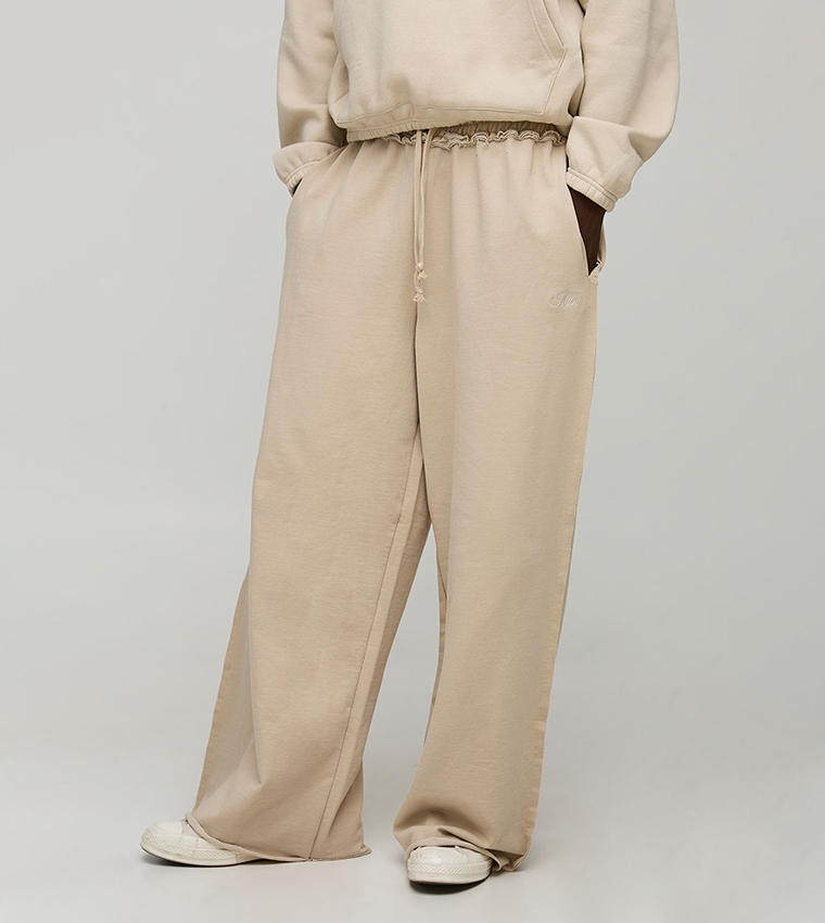 Loopback Script Embroidered Raw Hem Extreme Wide Leg Sweatpants