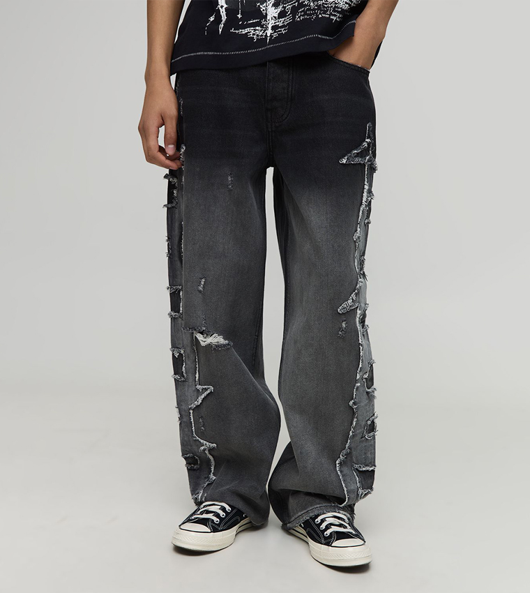 Washed Relaxed Fit Jeans with Raw Edge