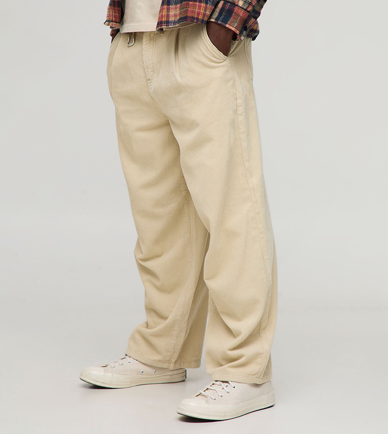 Barrel Fit Pleated Front Corduroy Trousers