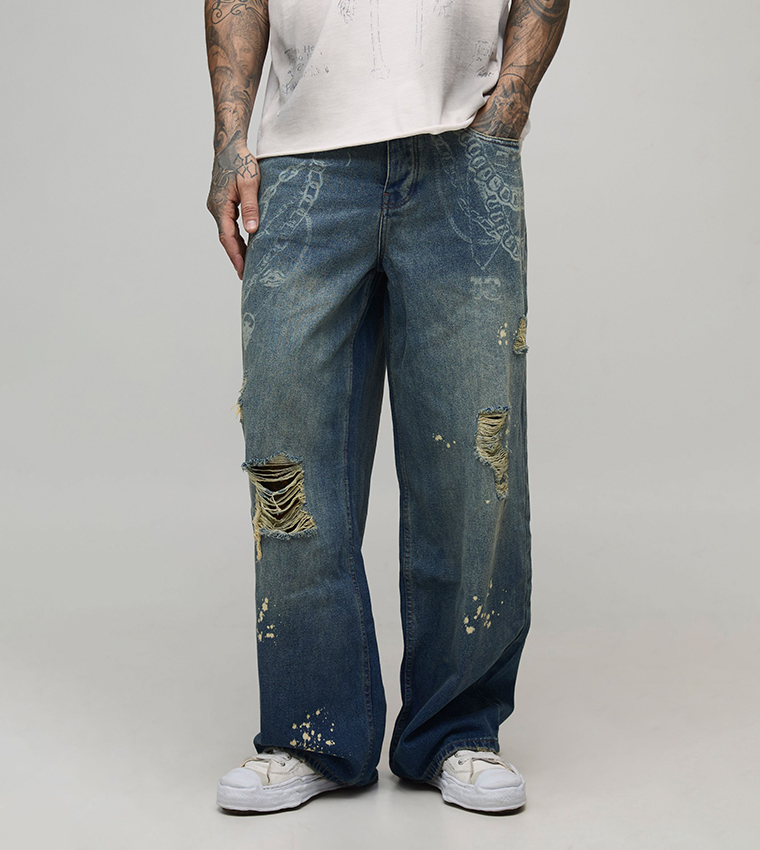 Tall Chain Printed Ripped Baggy Fit Jeans
