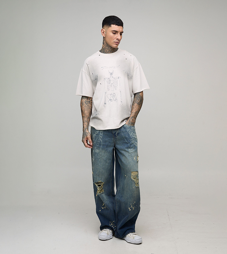 Tall Chain Printed Ripped Baggy Fit Jeans