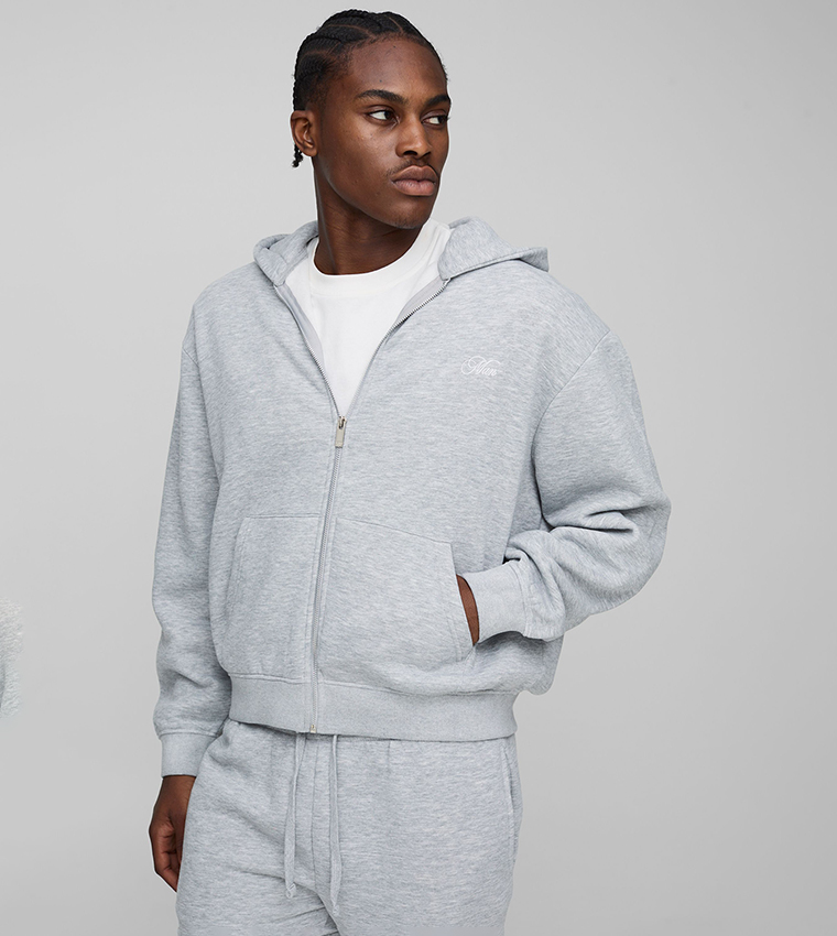 Buy BoohooMAN Script Zip Through Gusset Oversized Co Ord Set In Grey ...