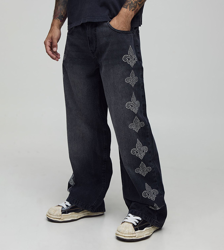 Washed Rhinestone Embellished Baggy Fit Jeans