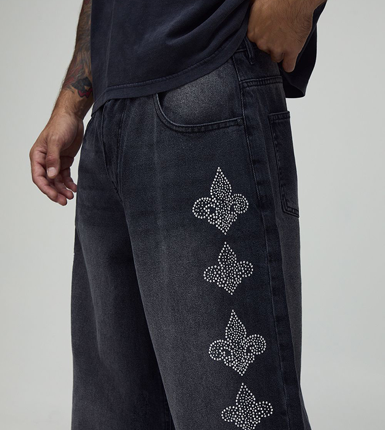 Washed Rhinestone Embellished Baggy Fit Jeans