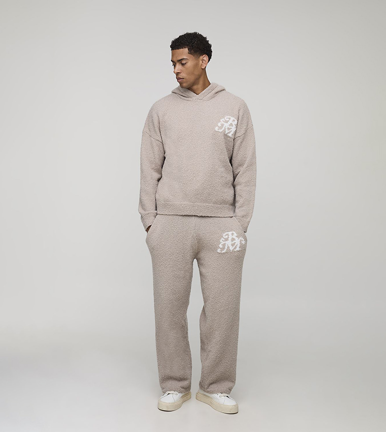 Buy BoohooMAN Hooded Boucle Knitted Oversized Tracksuit In Beige