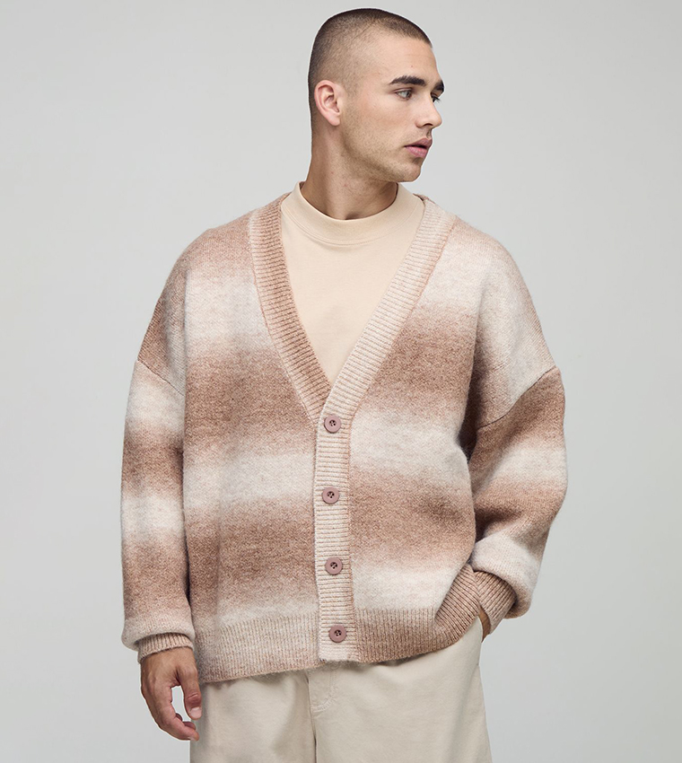 Buy BoohooMAN Ombre Striped Oversized Cardigan In Beige