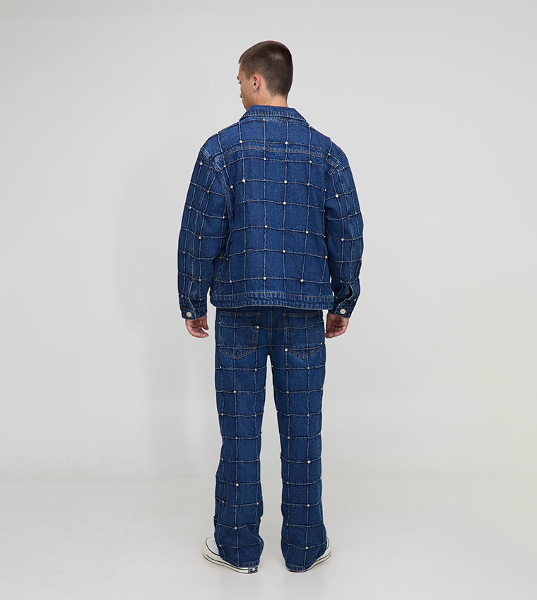 Washed Checkerboard Rivet Embellished Denim Jacket