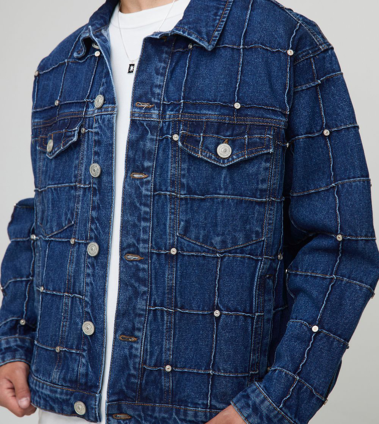 Washed Checkerboard Rivet Embellished Denim Jacket