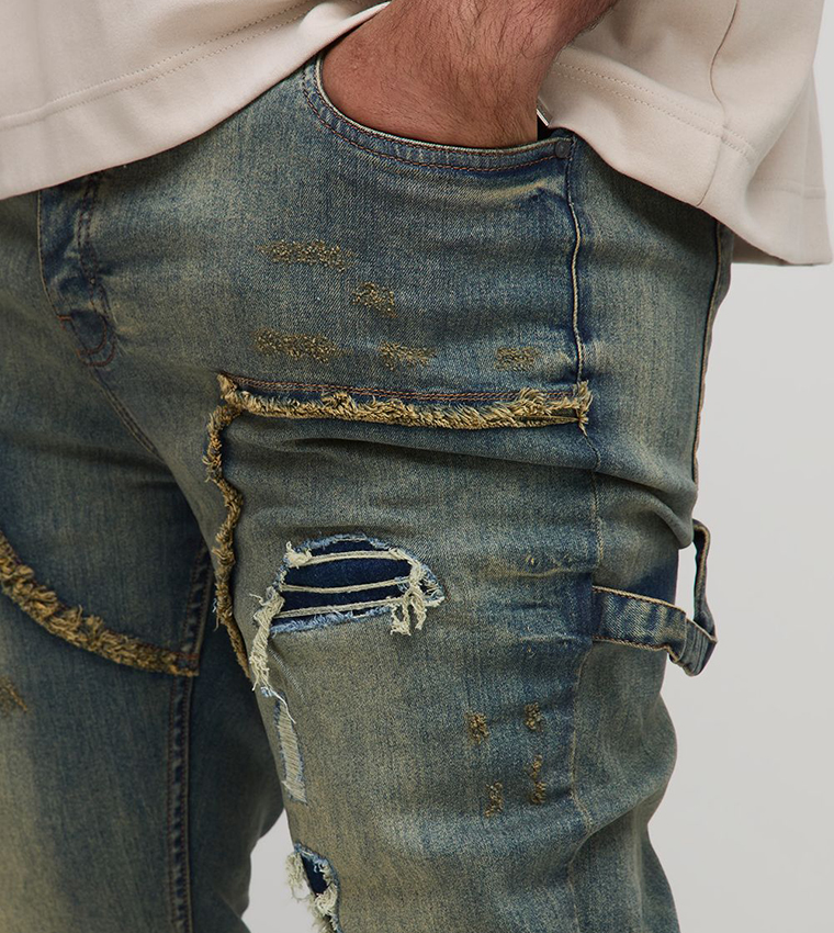 Plus & Tall Stacked Multi Rip Carpenter Skinny Fit Jeans